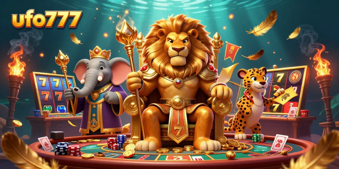 Engage with thrilling games at ufo777, featuring majestic lion king on a gold coin throne.