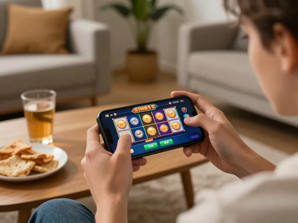 Engaged player enjoying sin88 slot game on smartphone in cozy living room setting, capturing dynamic gameplay.