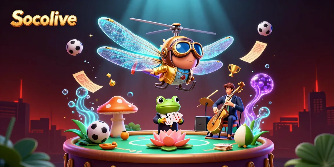 Socolive enhances sports betting with a dynamic scene featuring a dragonfly pilot and frog dealer, surrounded by energetic elements.