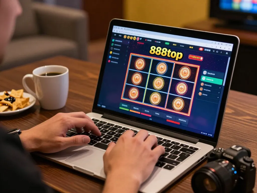 Player engaged in online gaming on 888top, showcasing slot machine interface and cozy setup.