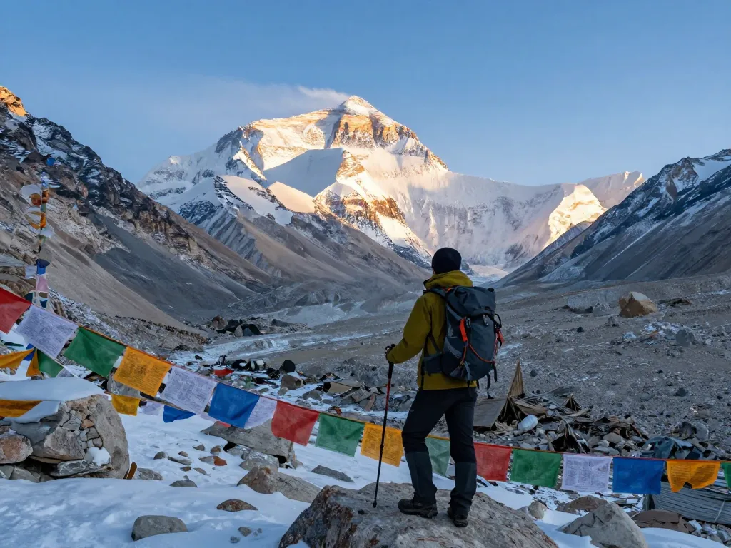 Traveler at Everest Base Camp Trek with stunning Himalayan background, showcasing adventure and beauty.