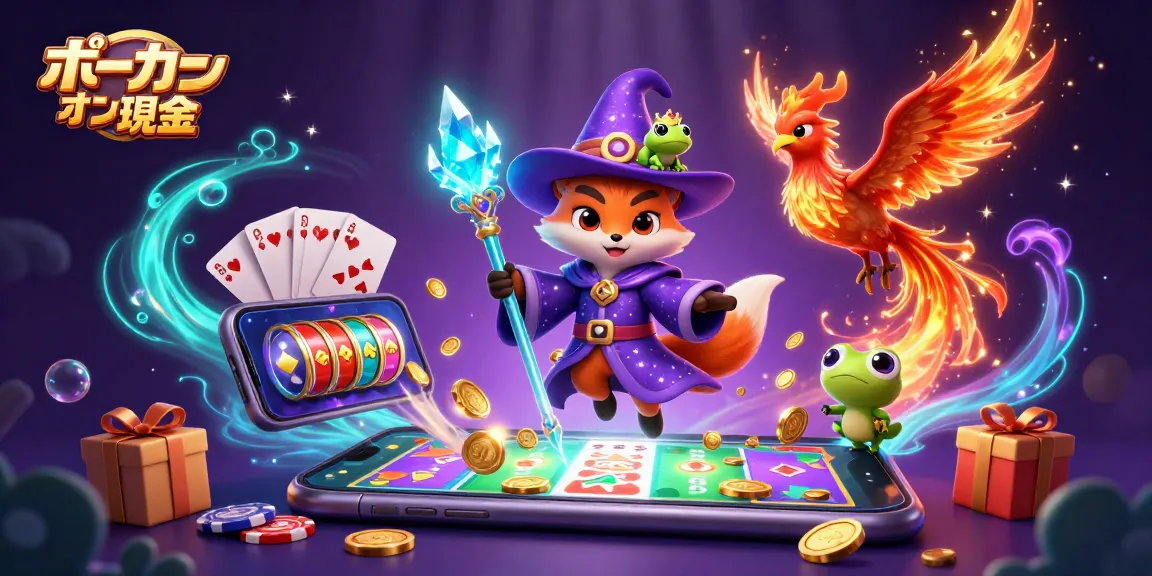 ポーカーオンライン現金で楽しんでいるキャラクターたちが色とりどりのゲーム要素に囲まれた魅力的なイラスト。