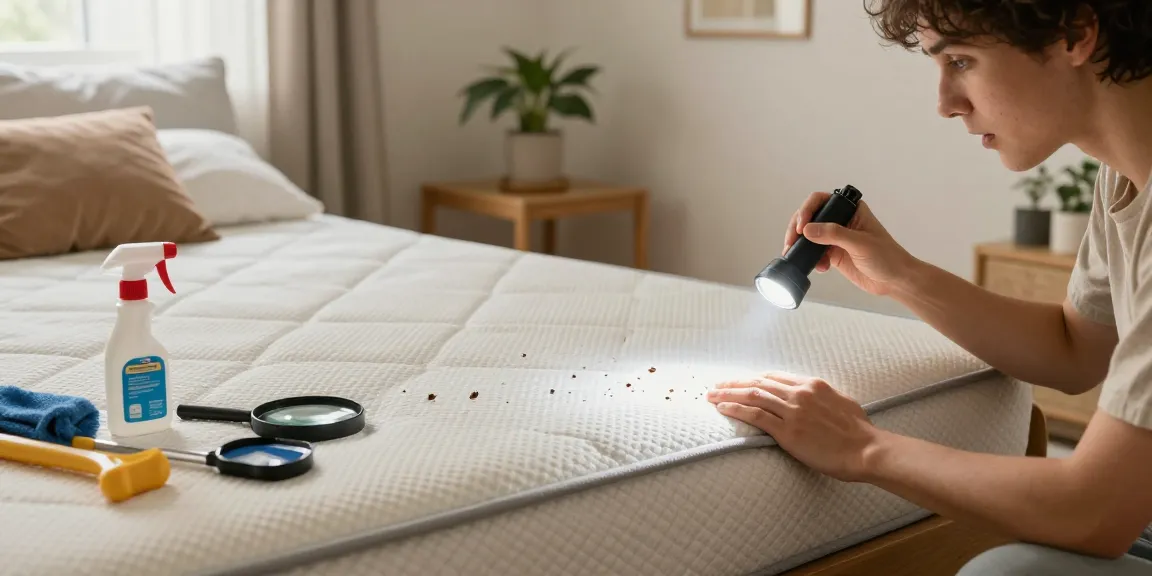 Focused inspection for bed bug treatment in a cozy bedroom setting, highlighting essential cleaning tools.
