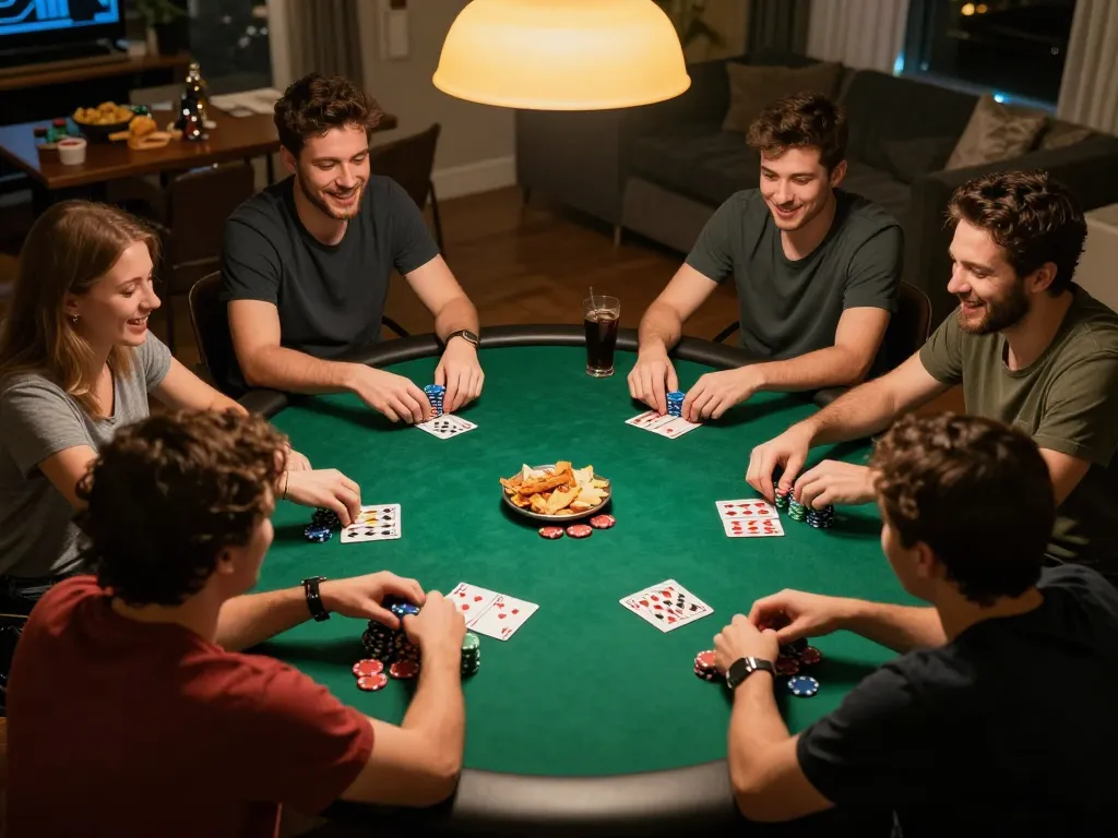 O8 poker night with friends enjoying strategic gameplay around a vibrant table.