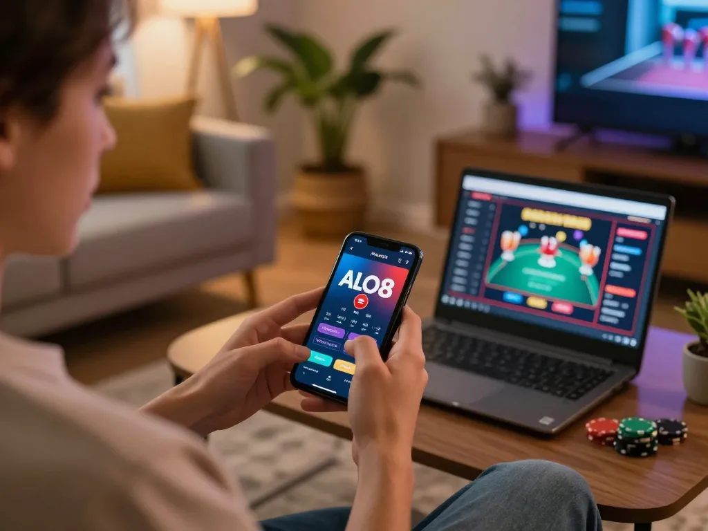 Player using ALO8 app on smartphone with poker strategies visible, immersed in online gaming.