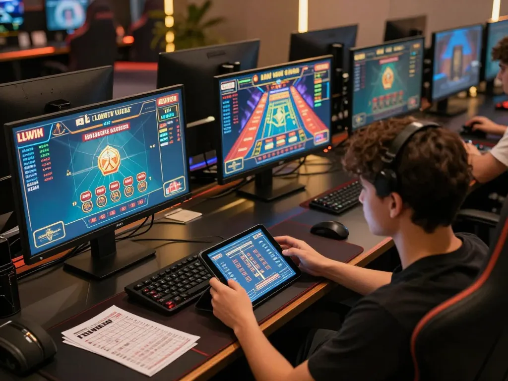 Player engaged in LLWIN online gaming, showcasing strategy notes and multiple screens in a stylish setup