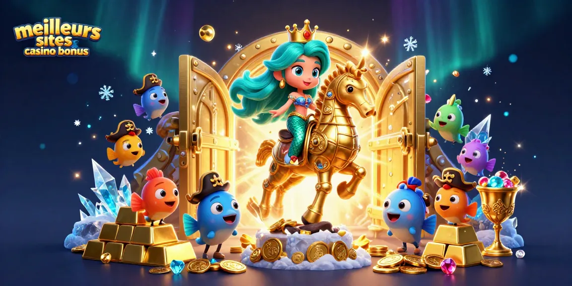Découvrez les meilleurs sites casino bonus avec une illustration dynamique de la princesse sirène et des éléments riches en or.