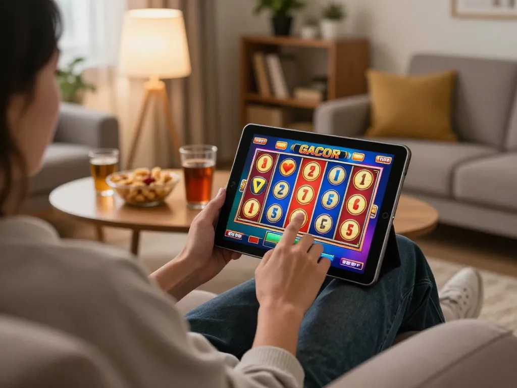 Engaging in a thrilling slot gacor game on a tablet at home with cozy ambiance and snacks.