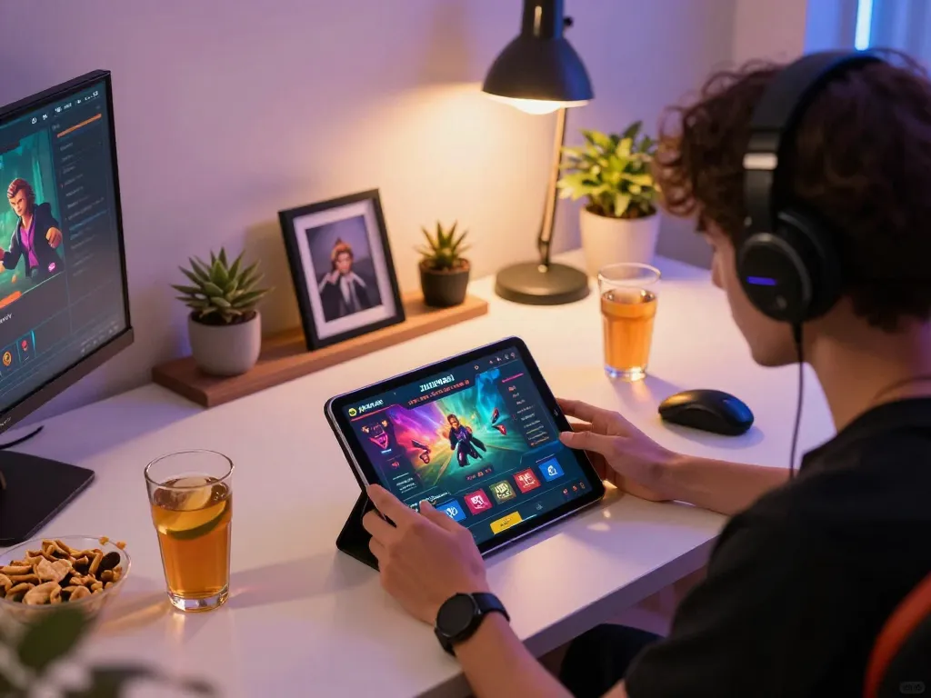 Berinteraksi dengan antarmuka permainan jalatogel daring di tablet dalam ruang tamu yang nyaman.