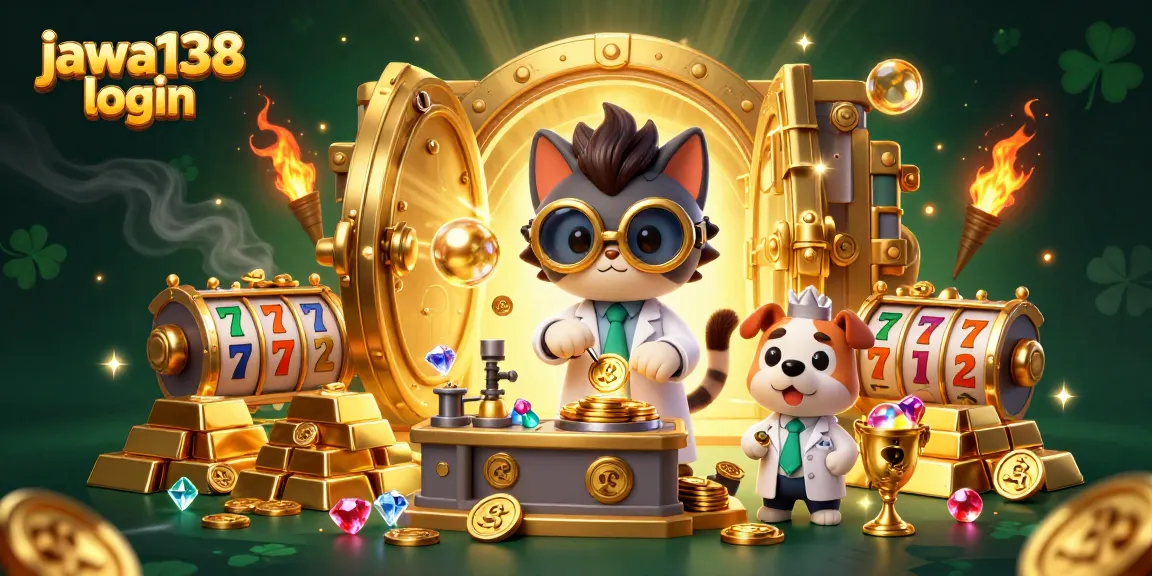 Join the excitement with jawa138 login, where fortune awaits in this vibrant casino scene filled with golden treasures and game symbols.