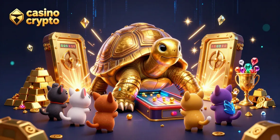 Gioca nei casino crypto con questa colorata illustrazione 3D di una tartaruga d'oro e tesori scintillanti.