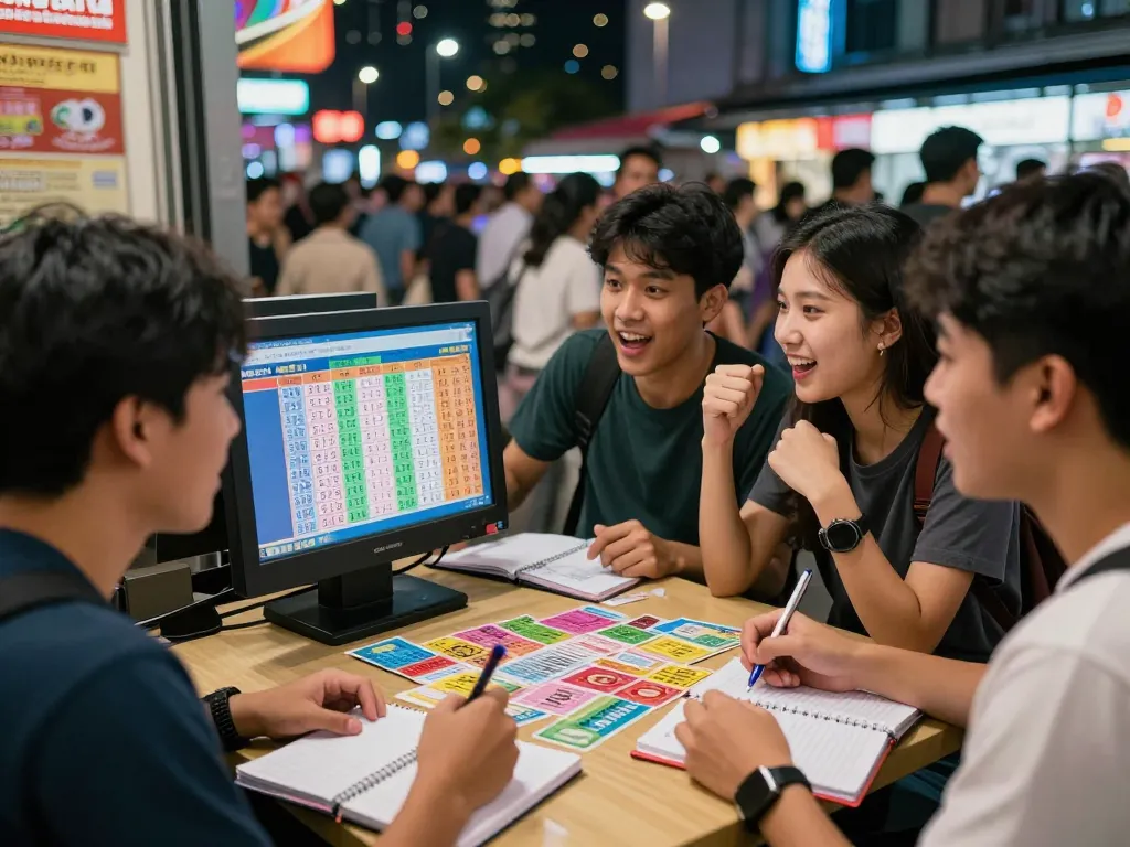 Enthusiastic young players checking Togel Hongkong results in an urban setting.