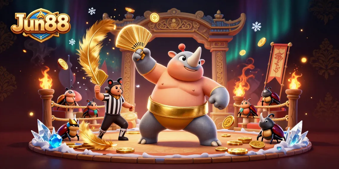Experience the exciting gameplay of Jun88 with a 3D illustration featuring a sumo champion beetle in a vibrant casino arena.