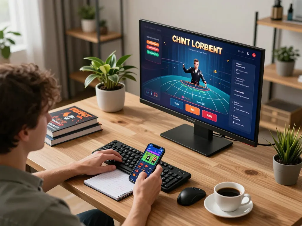 Engaging in a white label casino live dealer game at home office, showcasing modern gaming setup and strategic planning.