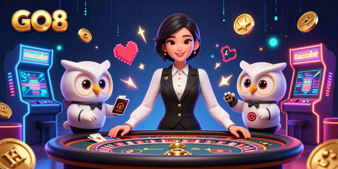Engage with the GO8 casino experience featuring a dealer in action at a baccarat table, vibrant gaming elements surrounding.