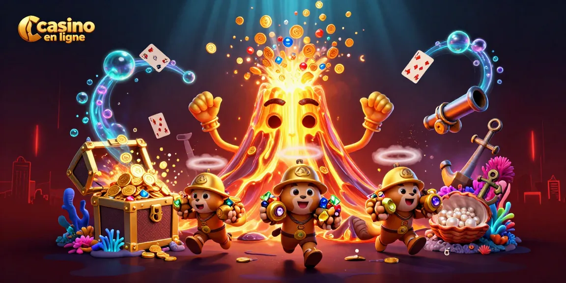 Jouez au casino en ligne avec une illustration animée de personnages collectant des trésors autour d'un volcan.