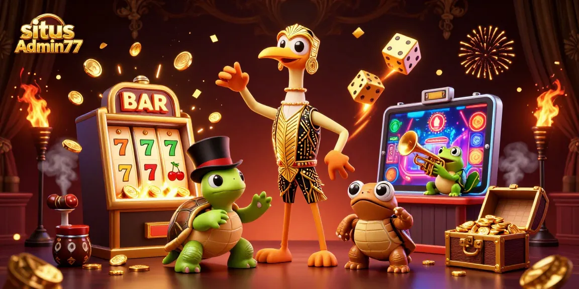 Situs Admin77 elevates your winning chances with a vibrant 3D casino scene, featuring dynamic gaming elements.