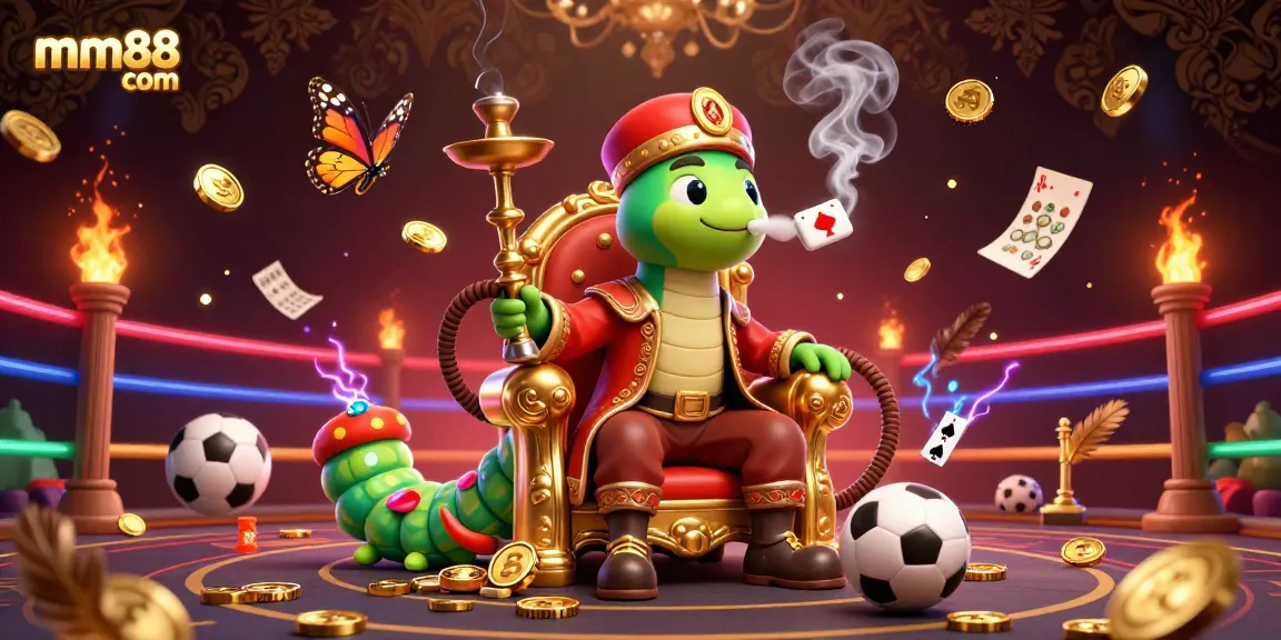 Engage with mm88 com through this vibrant depiction of a caterpillar master in a lively sports betting setting.