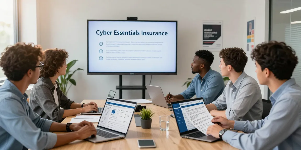 Team reviewing cyber essentials insurance guidelines in a modern office setting.