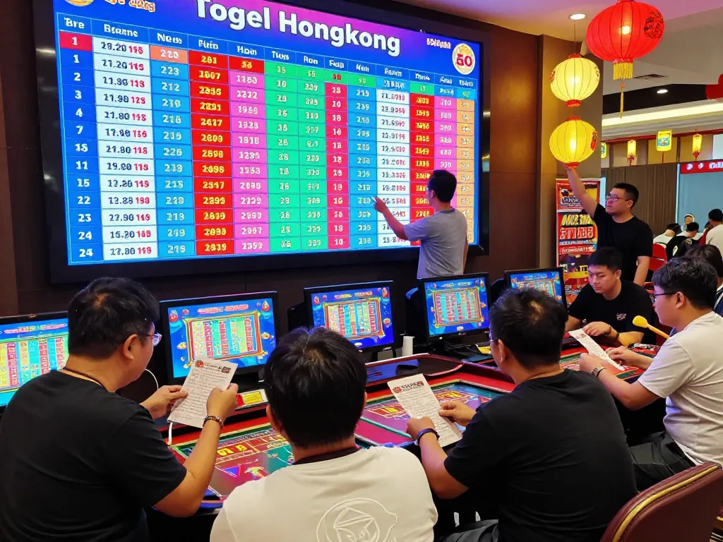 Togel Hongkong enthusiasts checking numbers in a vibrant gaming environment, showcasing excitement and community.