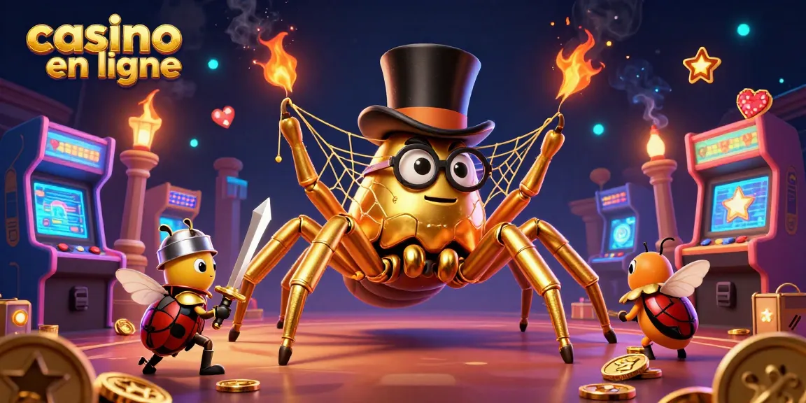 Jouez à un casino en ligne avec une araignée dorée tissant des fils d'or entre les piliers.