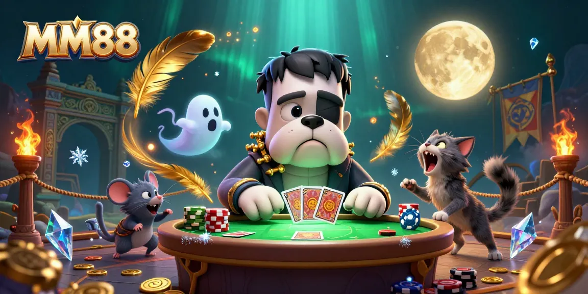 Engage in thrilling gameplay at MM88 with a 3D cartoon bulldog dealer surrounded by colorful casino elements.