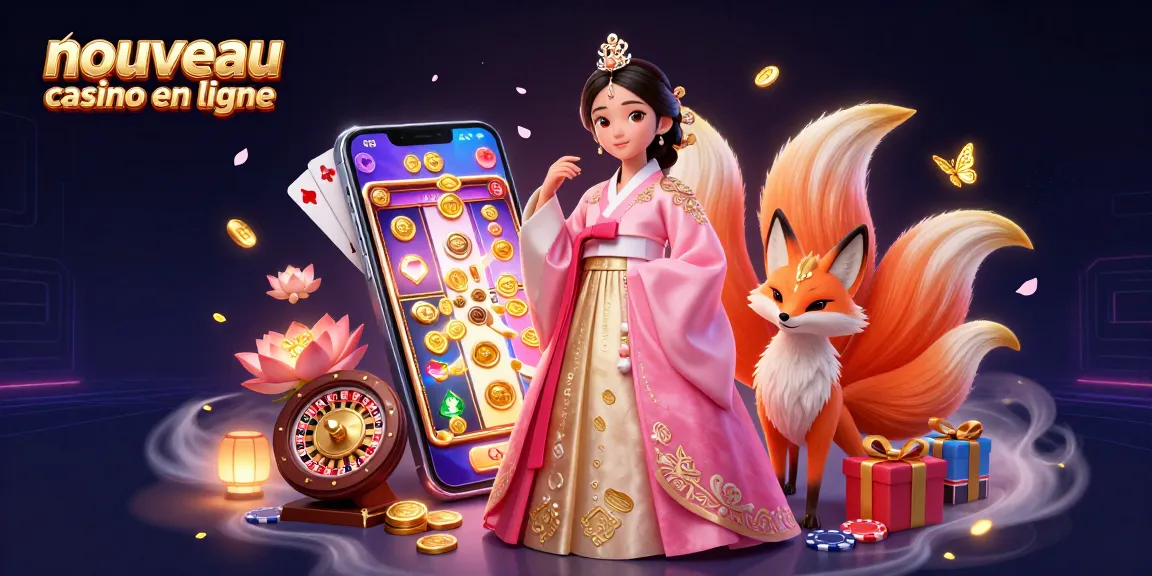 Illustration d'un nouveau casino en ligne présentant une scène de casino vibrante avec un renard chanceux et un jeu de machine à sous.