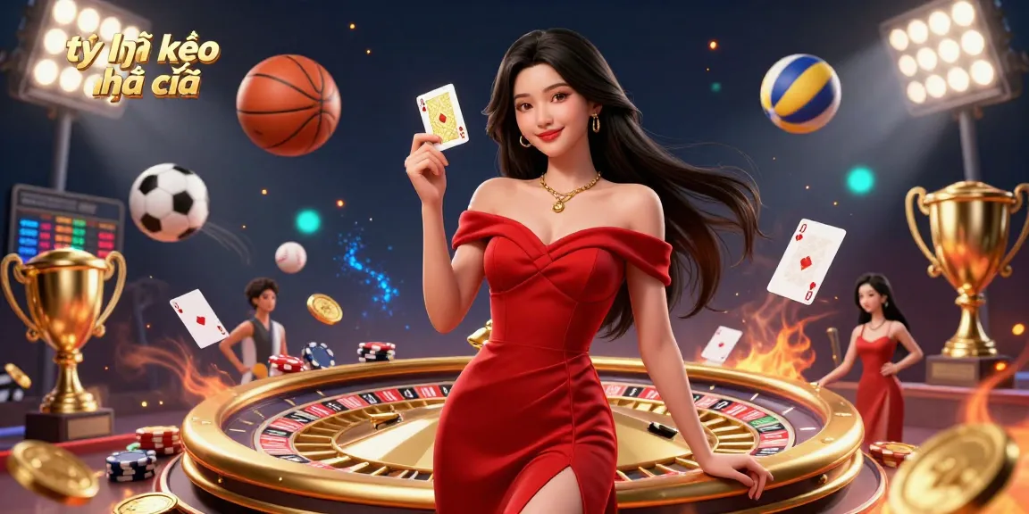 Experience thrilling tỷ lệ kèo nhà cái with our dynamic sports betting scene featuring a stunning woman and golden roulette.