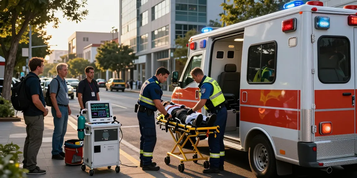 Paramedics providing emergency care with équipement paramedic on city street.