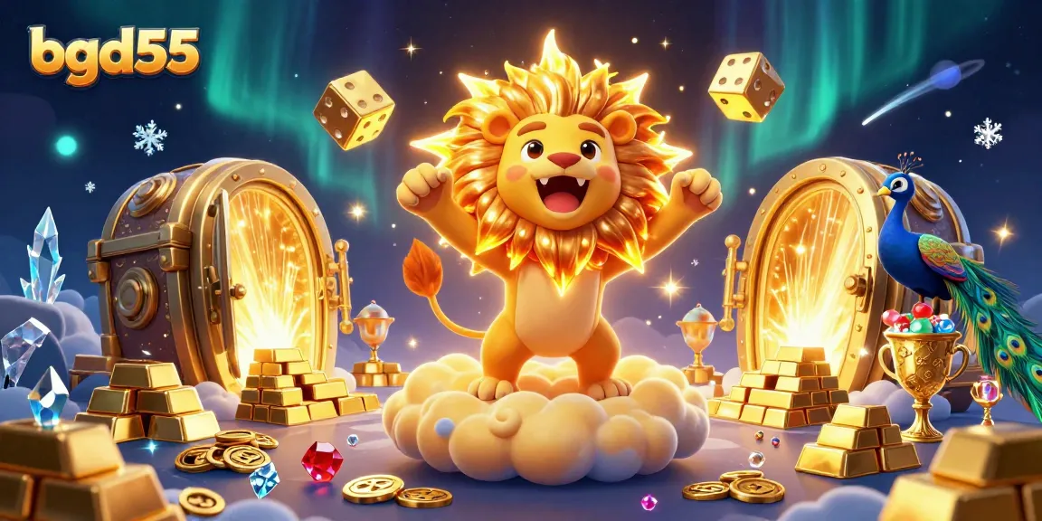 Experience bgd55's thrilling gameplay with a 3D cartoon lion amidst gold and jewels.