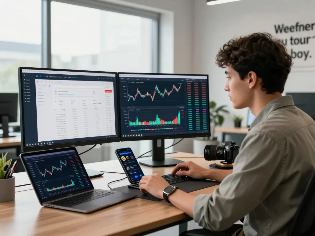 Professional analyzing crypto earning platform data in a modern finance workspace with dual screens and motivational decor.