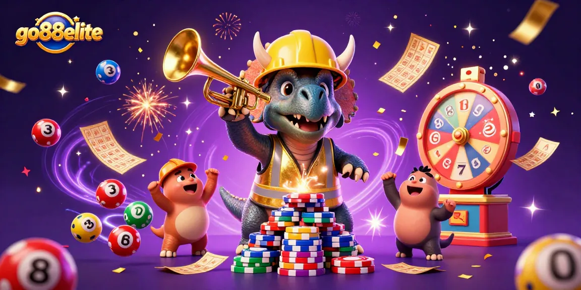 Celebrate with go88elite as a triceratops builds a poker chip pyramid amidst vibrant casino-themed elements.