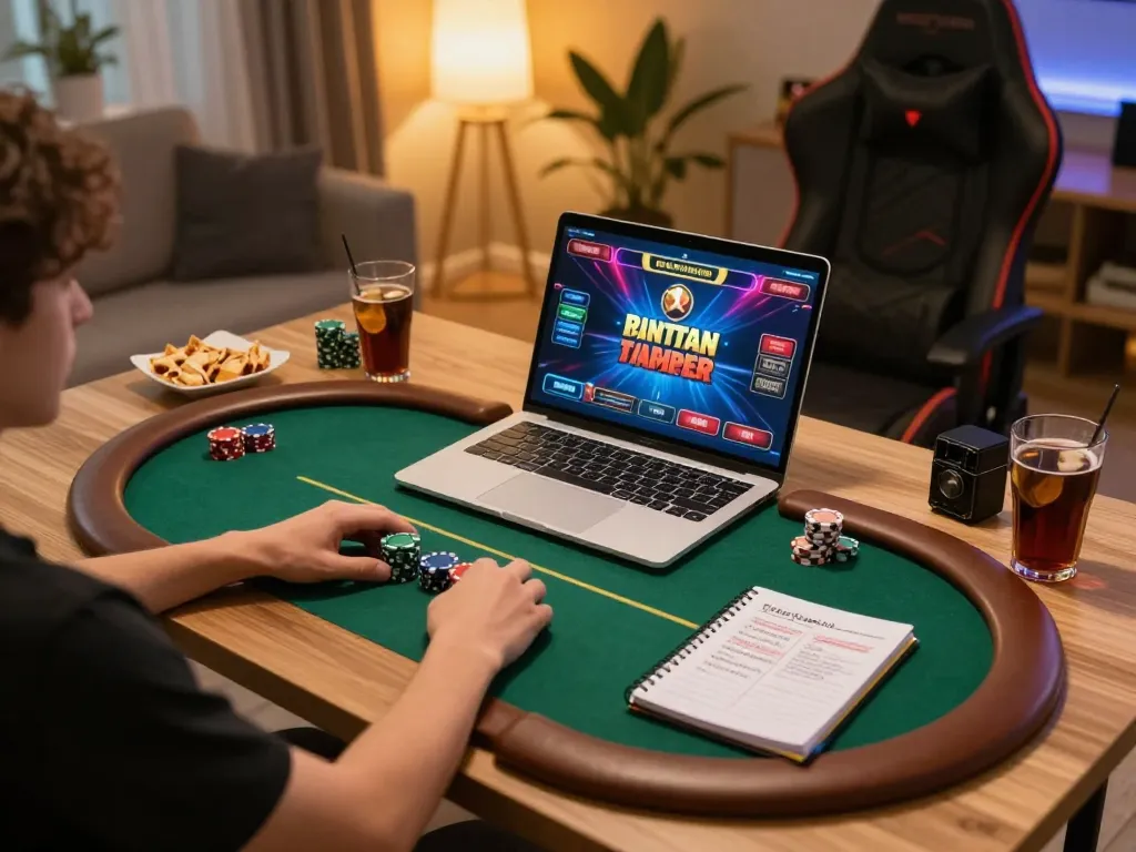 Player strategizing on LLwin poker game during a cozy home gaming session.