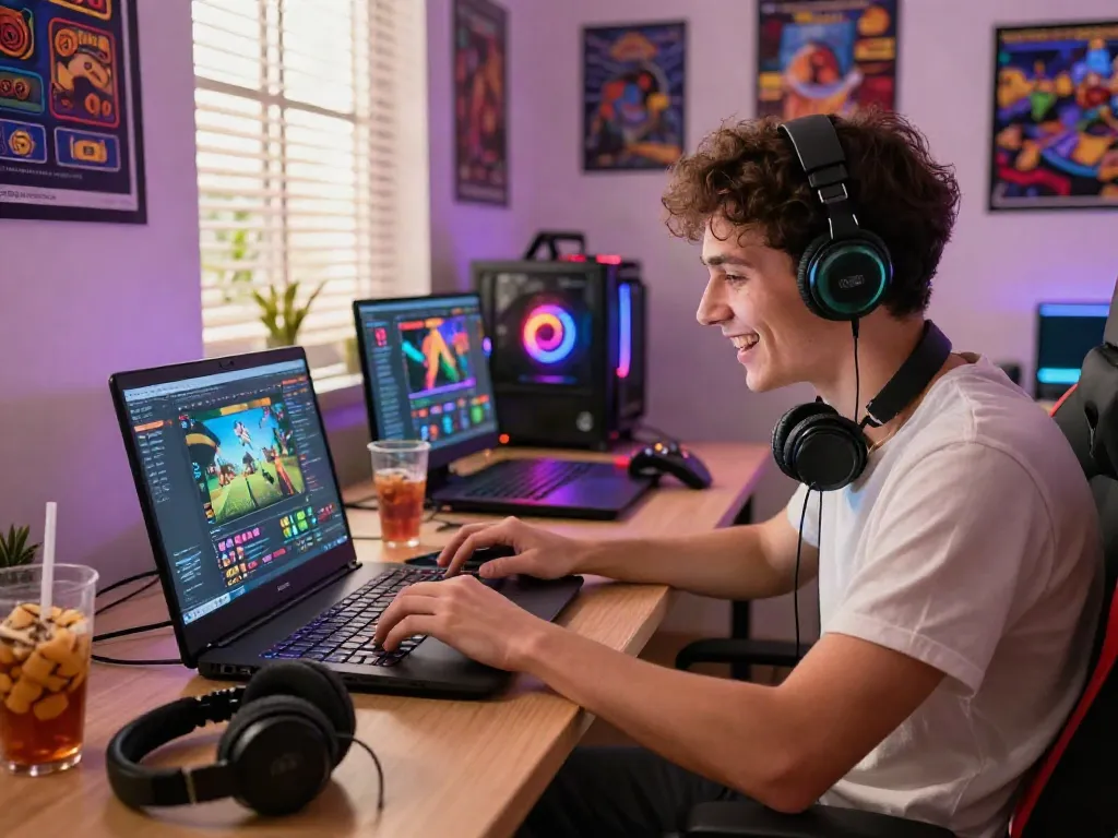 Excited gamer playing slot games on a laptop in a cozy room