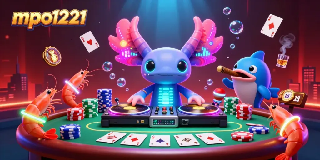 Experience the thrill of online gambling with mpo1221 featuring a vibrant DJ axolotl and poker elements.
