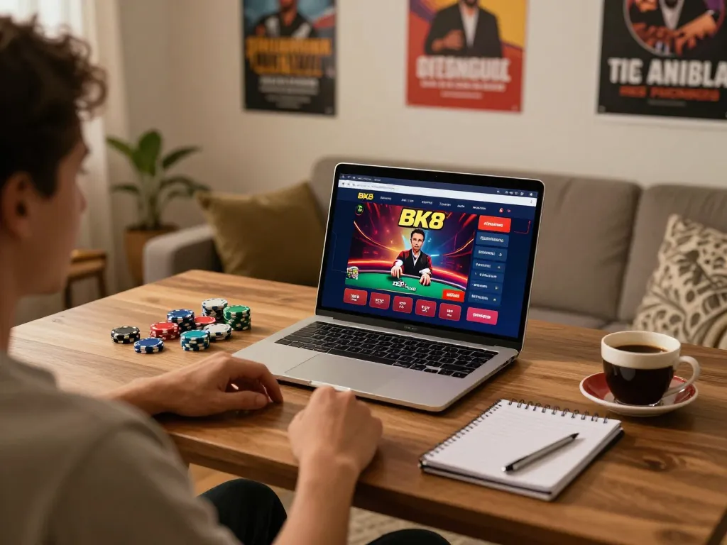 Player engaged in BK8 online casino gaming at home, showcasing immersive gameplay.
