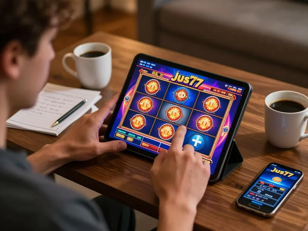 Play slots on jus77 with tablet in cozy home setting showcasing casual gaming atmosphere