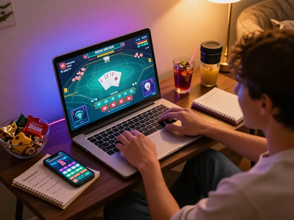 Engaged player enjoying dagelan4d alternatif game on laptop in a cozy home setting, celebrating responsible gaming.