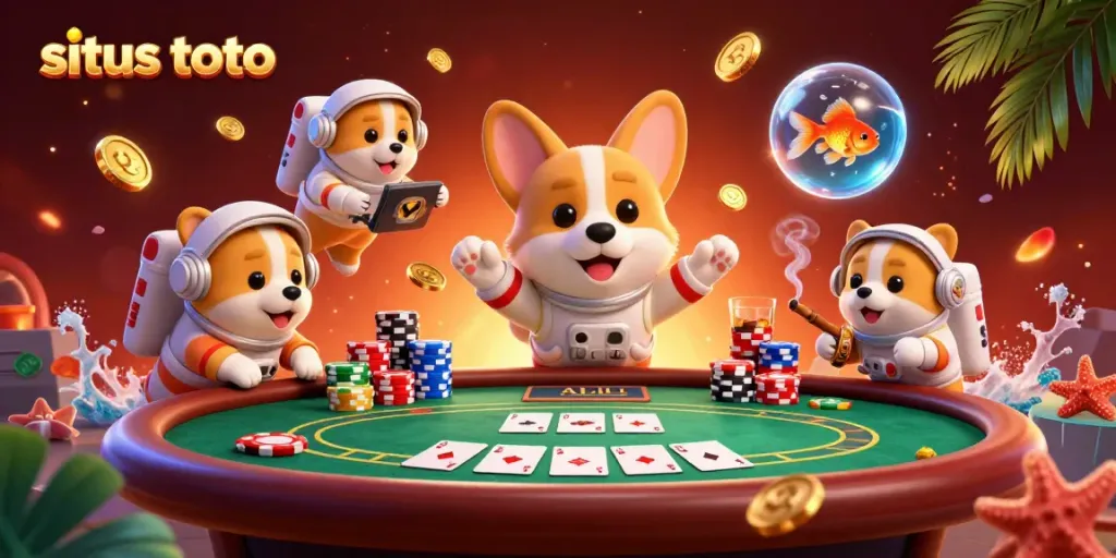 Menyusun strategi di situs toto dengan corgi astronaut dalam kasino luar angkasa yang penuh dengan koin emas dan chip poker.