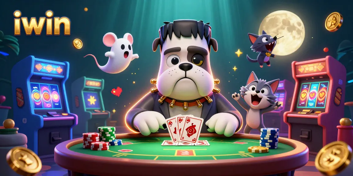 iwin showcases a thrilling casino scene with a cartoon bulldog dealing cards at a vibrant table surrounded by gaming elements.
