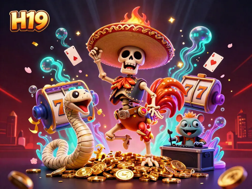 Win big with H19 in this vibrant 3D illustration showcasing a dynamic casino scene.