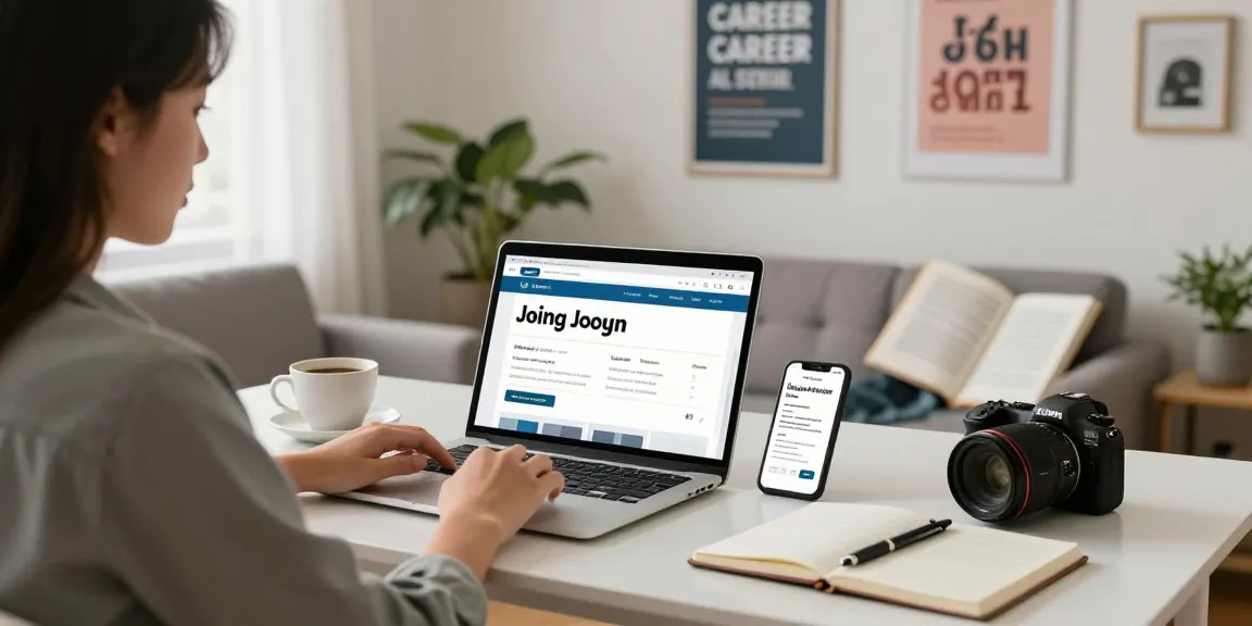 Apply job in a modern home office; young professional at desk with job alerts.