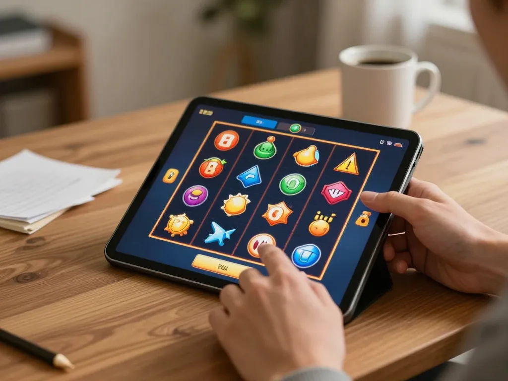 Engaging action of slot gacor hari ini on a tablet, showcasing winning spin on colorful online slots.