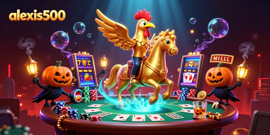 Engage with alexis500's vibrant gaming scene featuring golden rooster and poker elements.