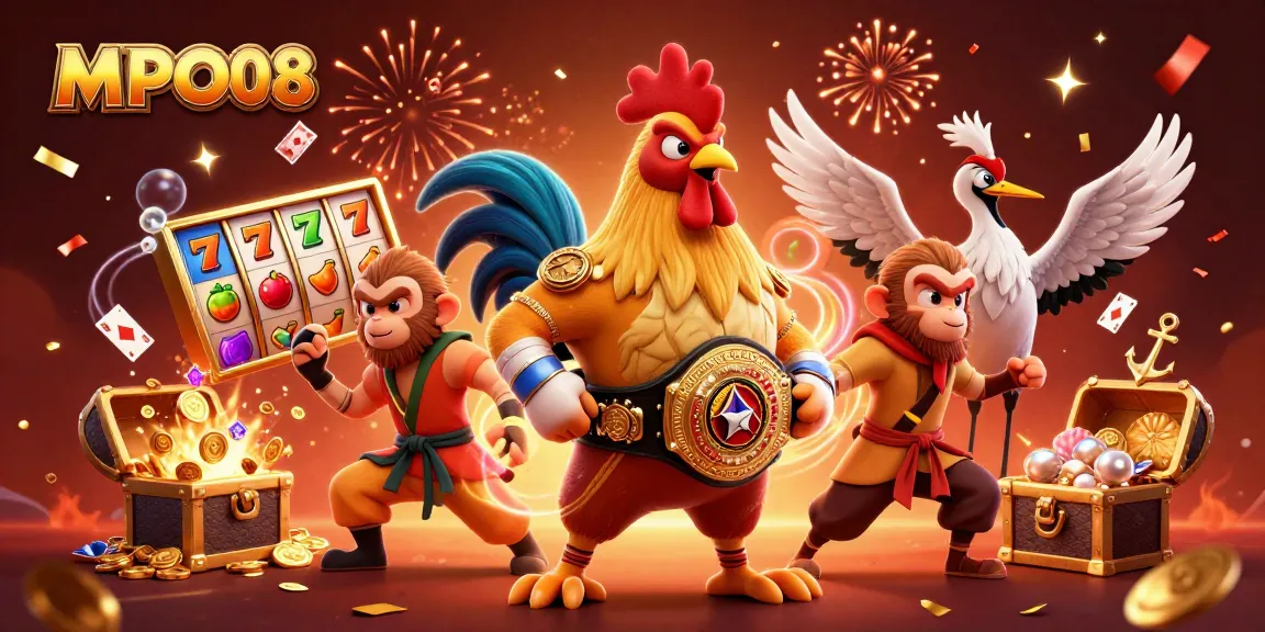 MPO08 showcases an engaging scene of a fierce rooster, Shaolin monkey, and wise crane amidst lively slot gaming elements.