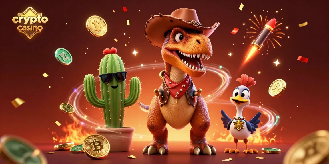 Profitez de l'expérience d'un casino crypto avec des personnages cartoon dans une scène festive.
