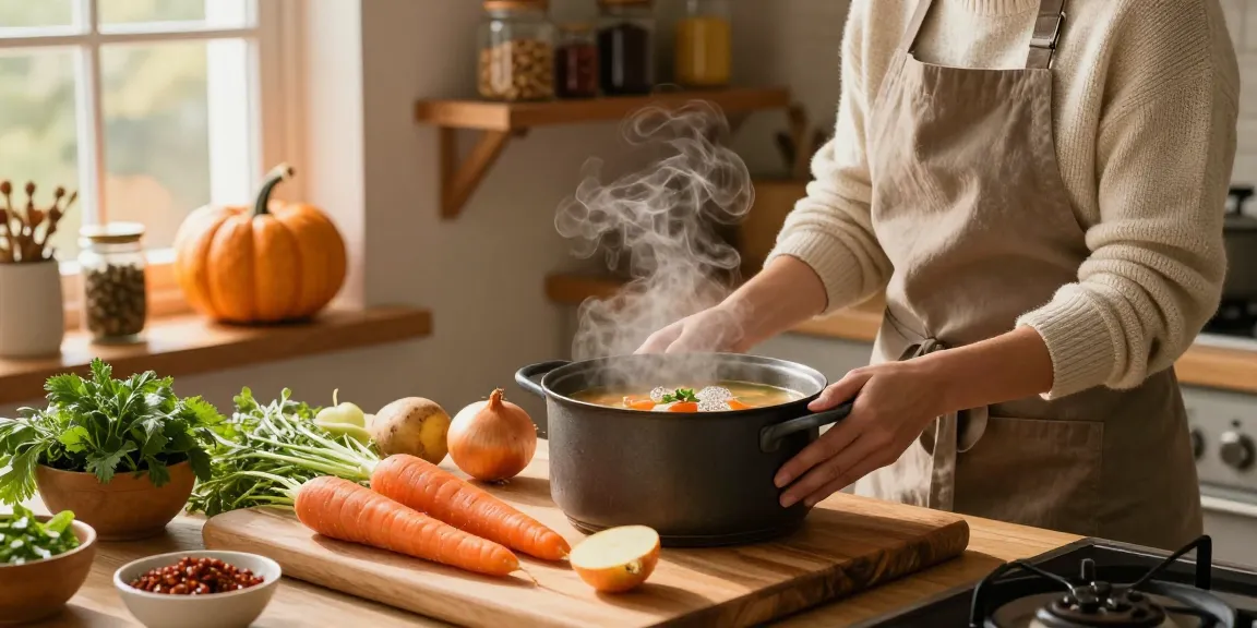 Leckere Vegane Suppen, die in einer gemütlichen Herbstküche mit frischem Gemüse und Kräutern zubereitet werden.