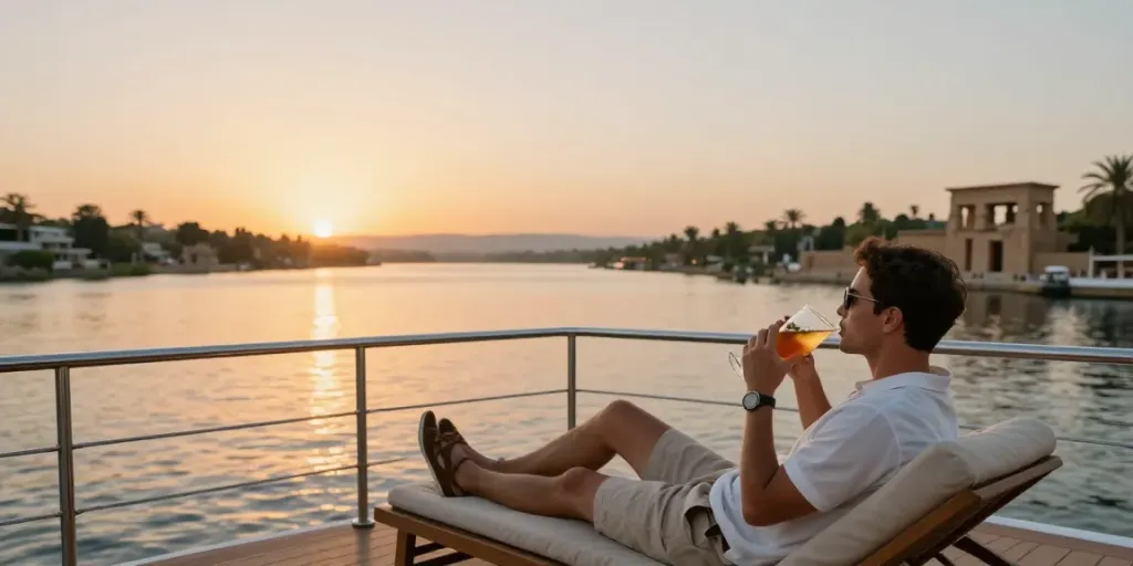Lake Nasser Cruises sunset deck view with traveler enjoying serene waters and ancient temples.