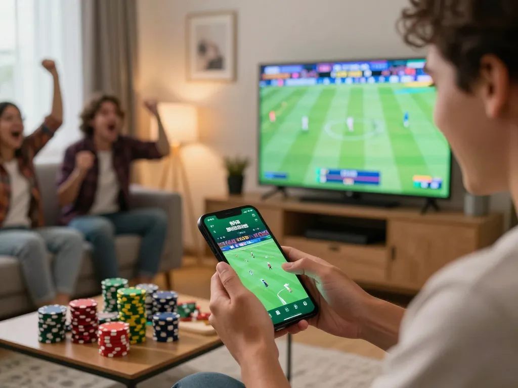 Persona che interagisce con l'app di scommesse sportive siti non AAMS mostrando aggiornamenti in diretta delle partite e un gameplay emozionante
