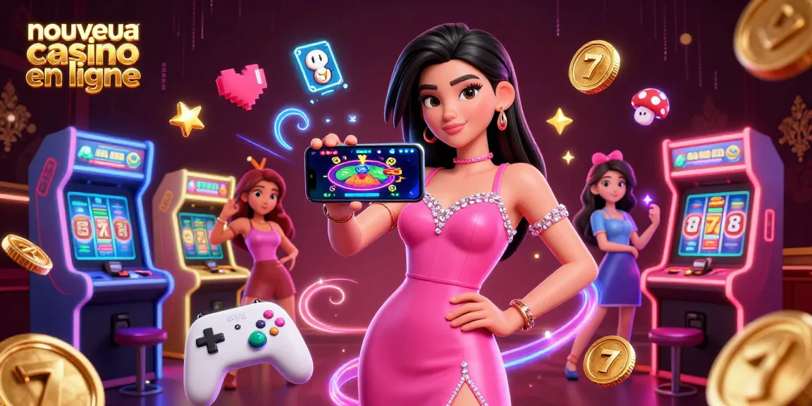 Interagissez avec le nouveau casino en ligne, mettant en vedette une femme asiatique élégante présentant un jeu avec croupier en direct sur son smartphone au milieu d'éléments de jeu vibrants.